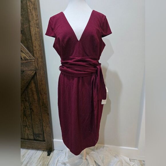 Dress The Population Dana Wrap Waist Midi Cocktail Dress NWT size XXL Burgundy - Picture 4 of 6